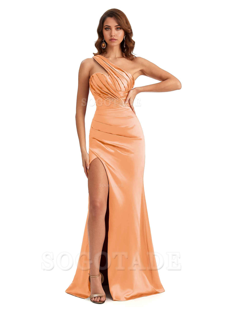 Sheath One shoulder Satin formal dresses evening gown Bridesmaid Dresses With Side Slit 