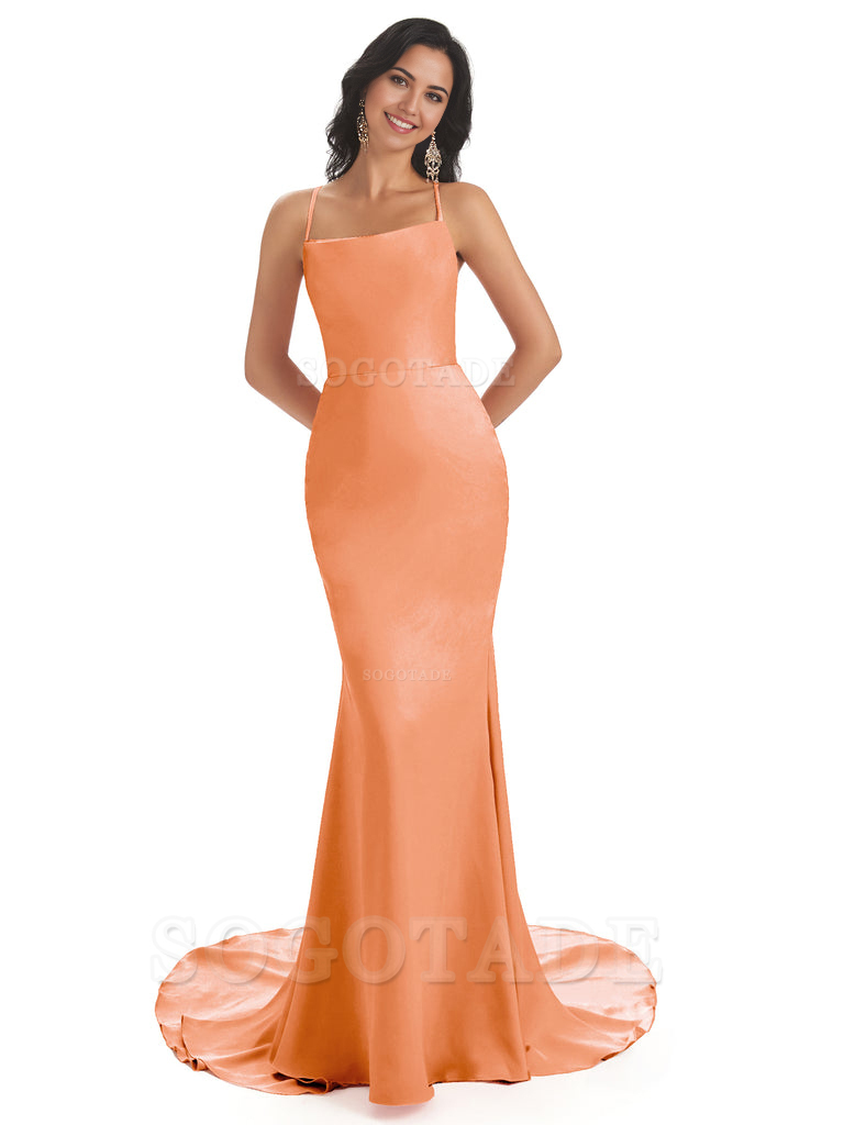 Mermaid Spaghetti Backless Straps Satin Long formal dresses evening gown Bridesmaid Dresses