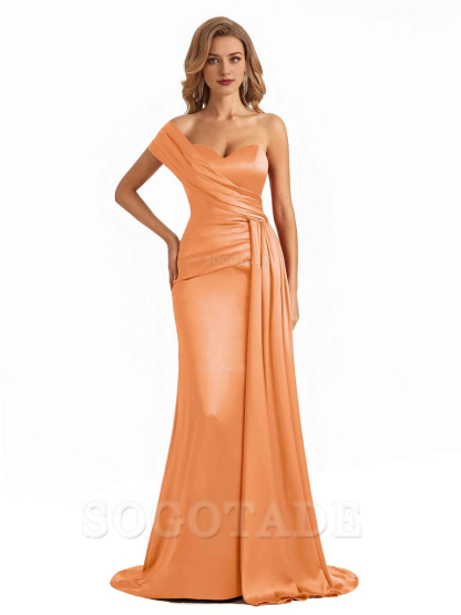 Elegant One Shoulder Soft Satin Long Mermaid Bridesmaid Dresses Online prom shop dresses ﻿