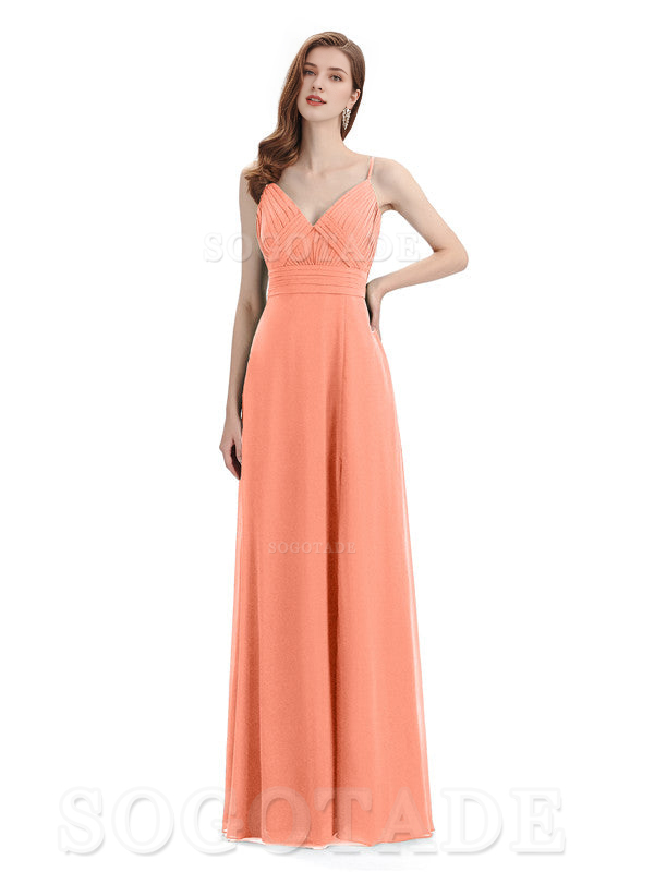 Chiffon V-Neck Spaghetti Strap Floor-Length Side Fork Long Bridesmaid Dresses Formal Women's Dresses Wedding Guests Dresses