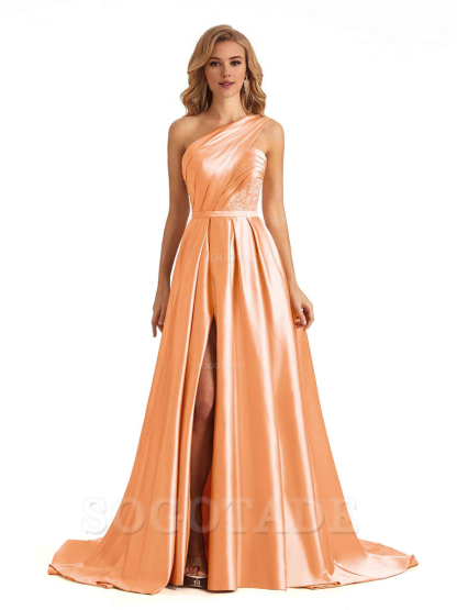 Sexy Side Slit One Shoulder A-Line Soft Satin Long Bridesmaid Dresses Online prom dress in store