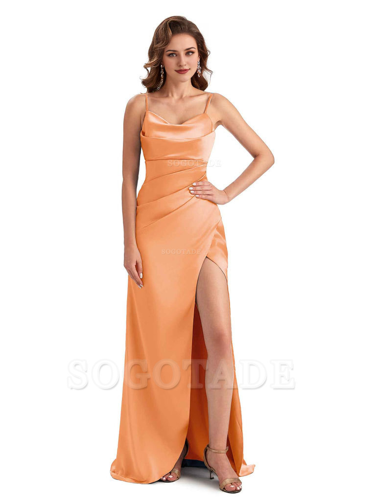 Soft Satin Side Slit Spaghetti Straps Sexy Wedding Bridesmaid Dresses