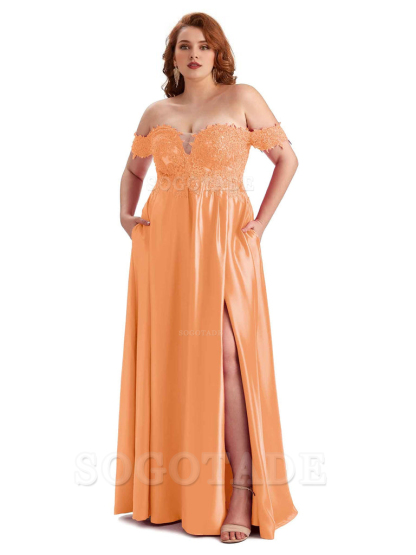 Off Shoulder Side Slit Lace Soft Satin Long Plus Size Bridesmaid Dresses For Wedding