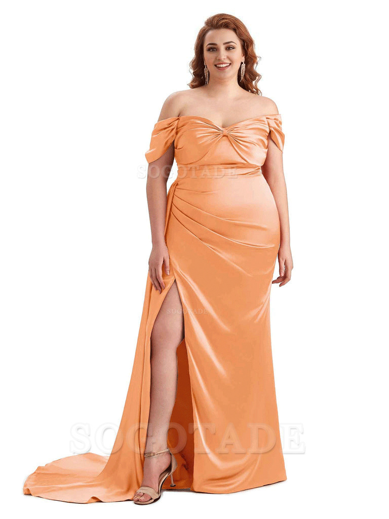  Sexy Side Slit Off The Shoulder Mermaid Soft Satin Long Plus Size Bridesmaid Dress For Wedding