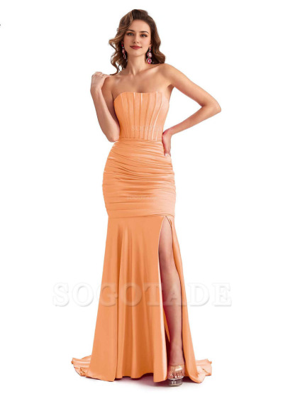 Sexy Strapless Side Slit Mermaid Silky Satin Formal Bridesmaid Dresses