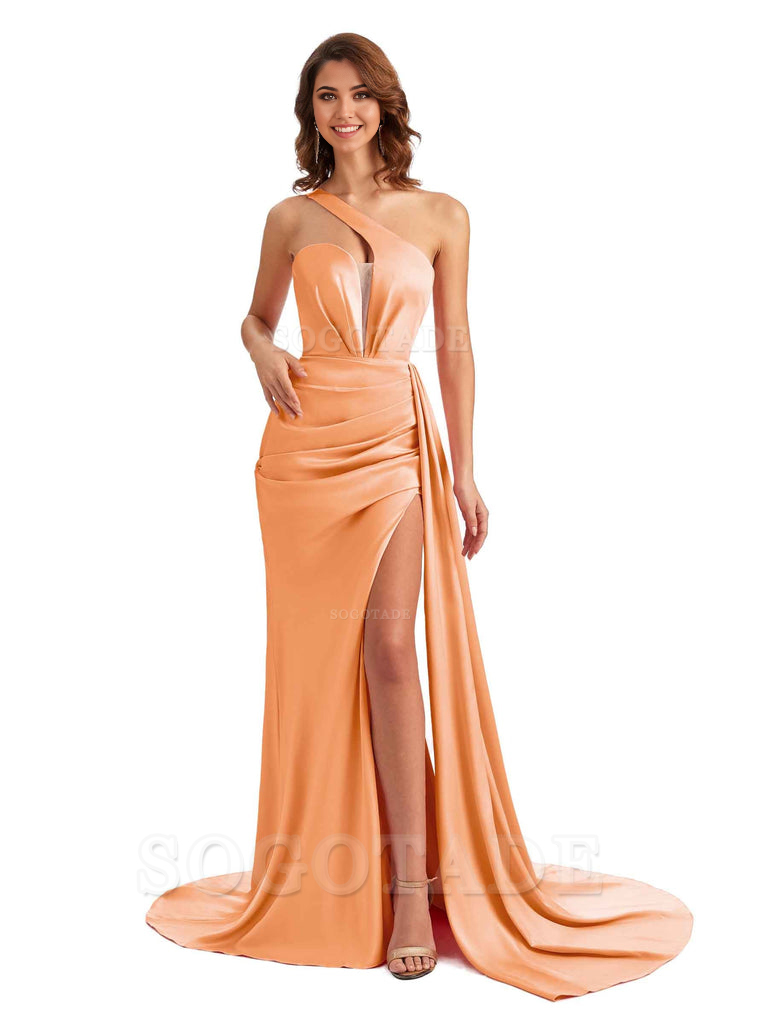 Mermaid One Shoulder Satin formal dresses evening gown Bridesmaid Dresses With Side Slit