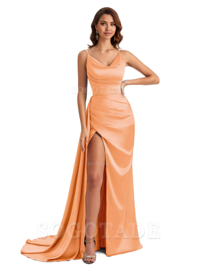 Mermaid Cowl Spaghetti Satin formal dresses evening gown Bridesmaid Dresses With Side Slit