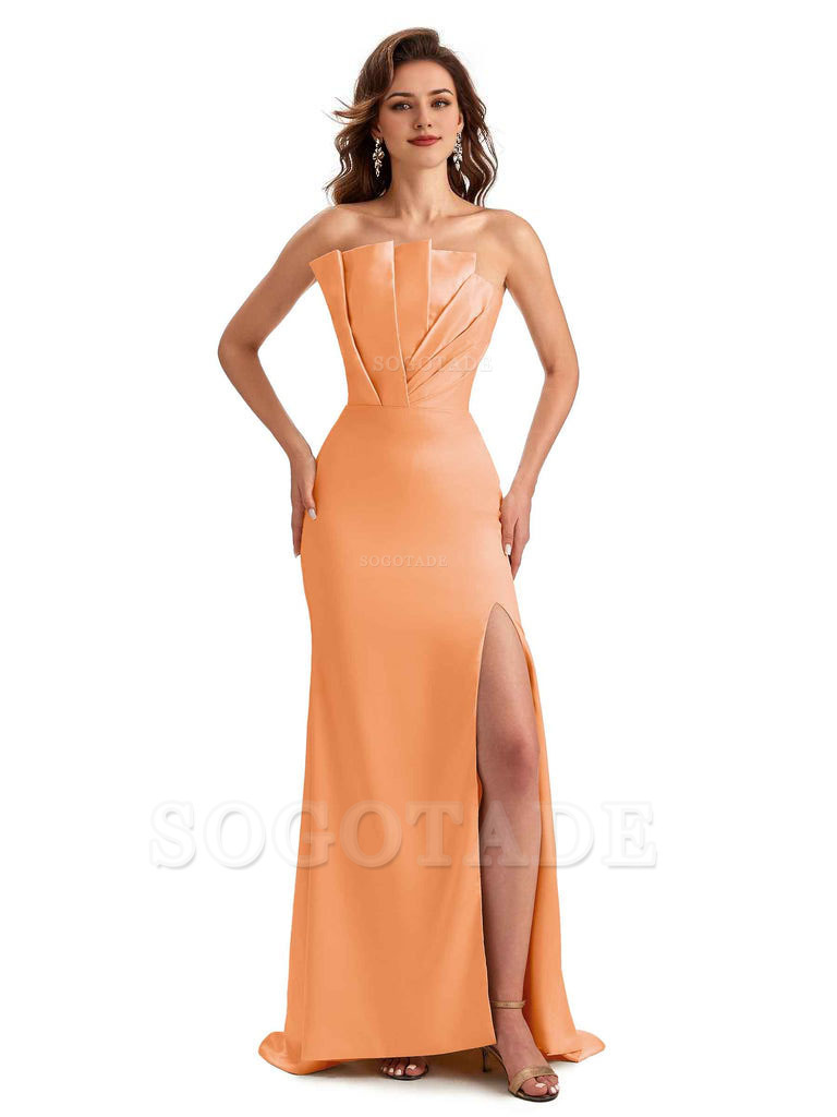 Unique Soft Satin Side Slit Asymmetrical Neckline Mermaid Long Bridesmaid Dresses