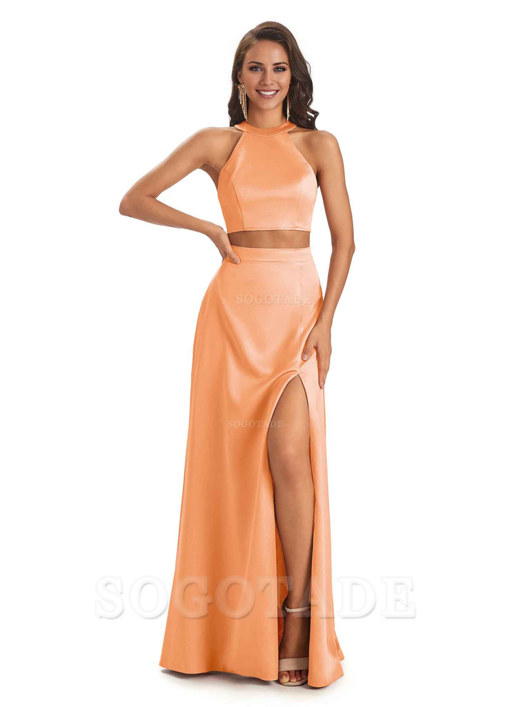 Soft Satin Two-Pieces Halter Side Slit Sexy Fashion Bridesmaid Dresses Charming Evening Party Dress