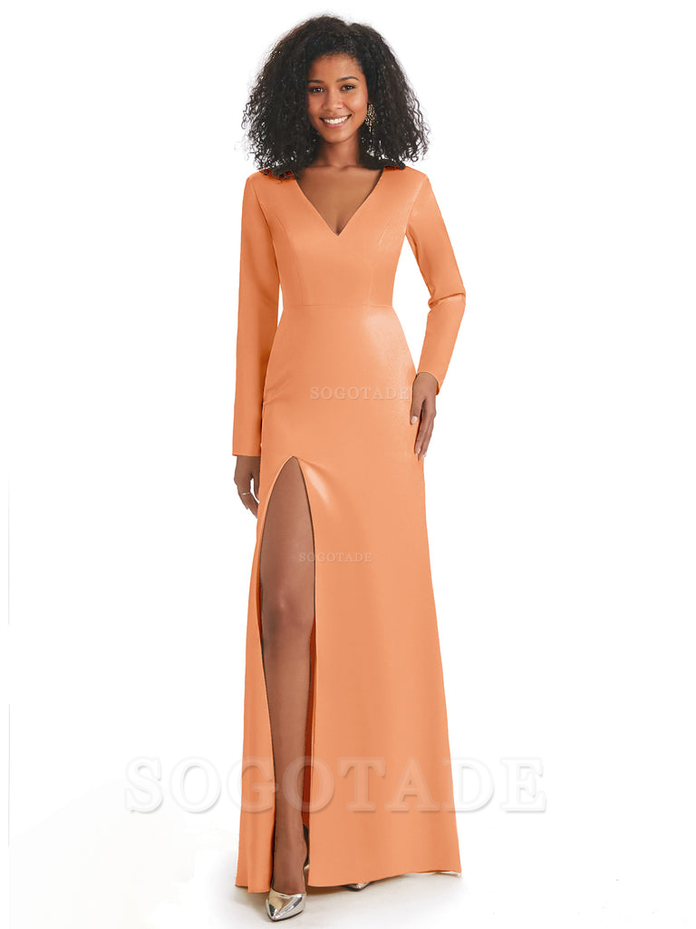 Soft Satin Side Slit Long Sleeves V-Neck Long African Mermaid Bridesmaid Dresses Elegant Evening Party Dress