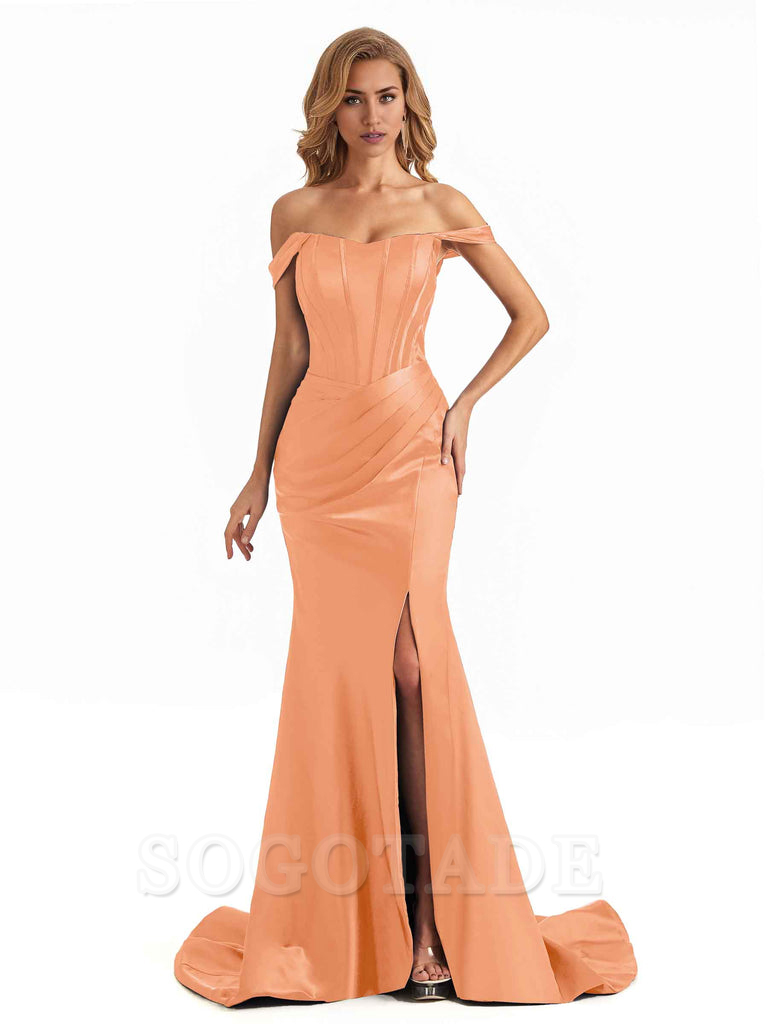 Sexy Long Mermaid Bridesmaid Dresses Off The Shoulder with Side Slit Satin Elegant Evening Party Dress 