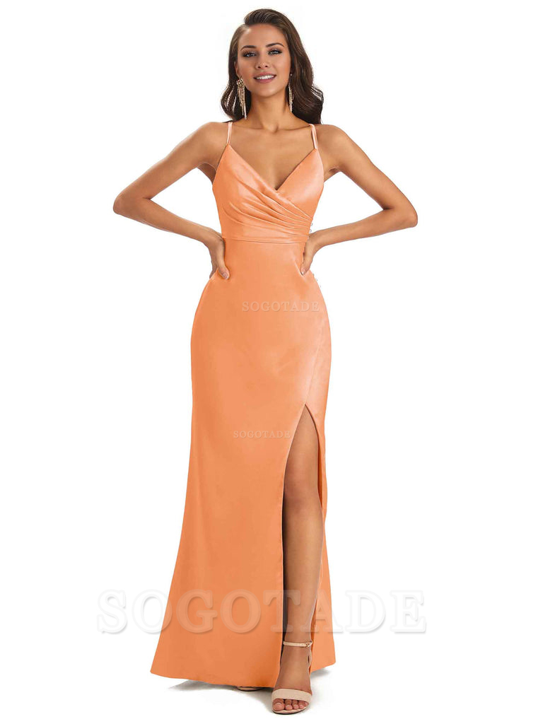 Soft Satin Side Slit Spaghetti Straps Long Unique Mermaid Bridesmaid Dresses Elegant Evening Party Dress