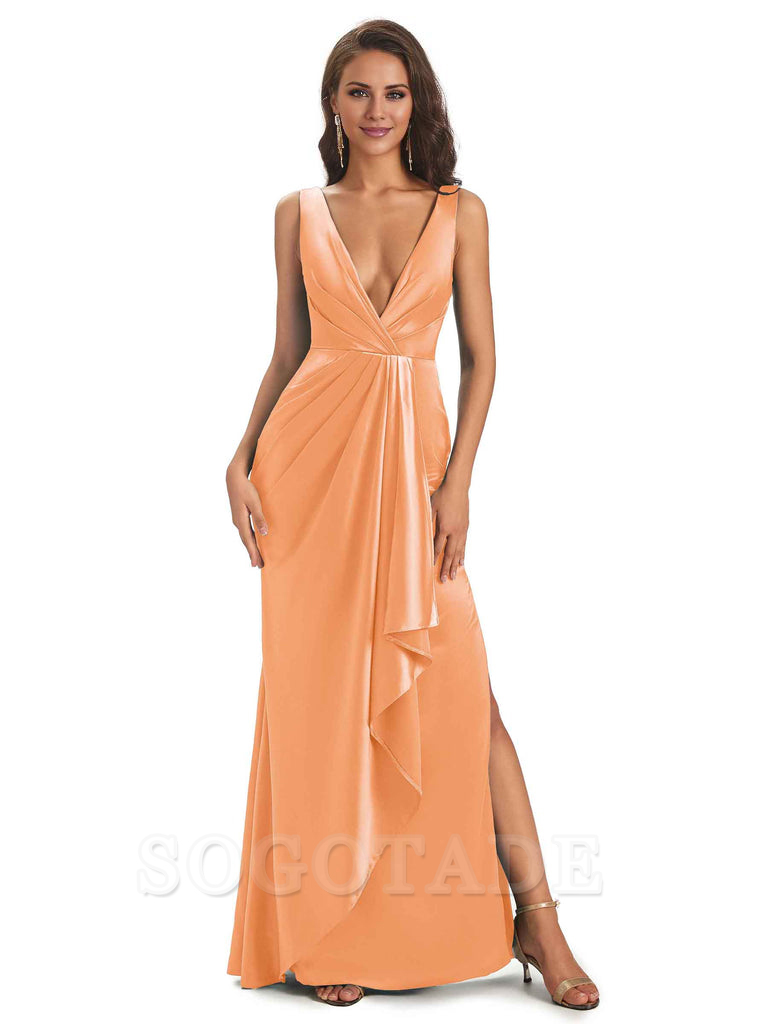Sexy Satin V-Neck Floor-Length Long Bridesmaid Dresses with Side Slit Elegant Evening Party Dress