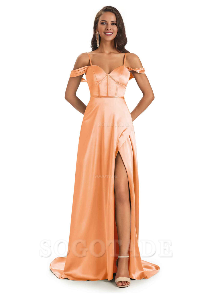 Stylish Soft Satin Side Slit Spaghetti Straps Bridesmaid Dresses Elegant Evening Party Dress