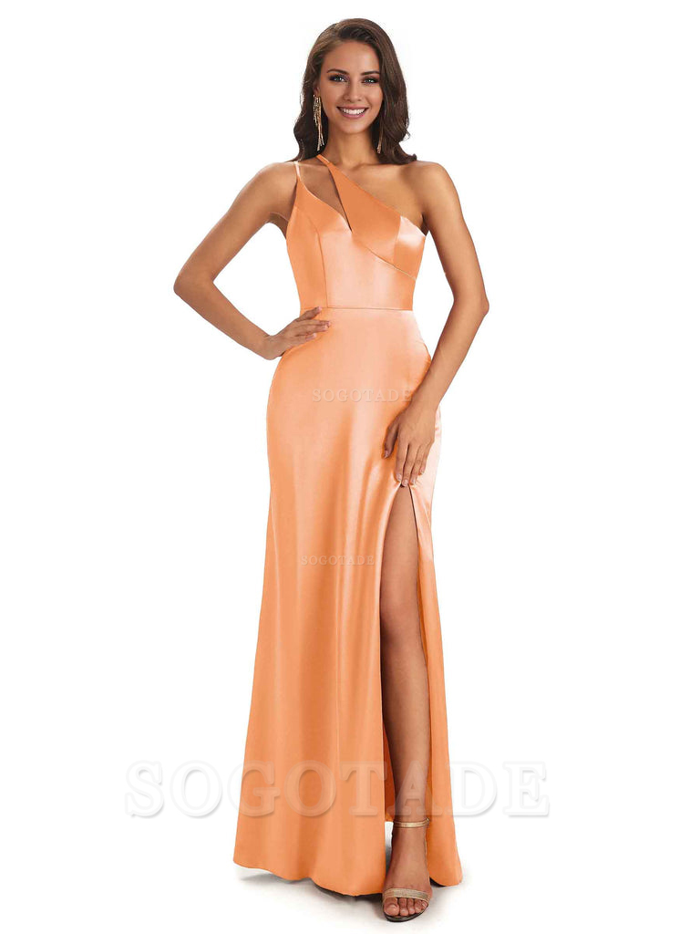 Sexy Soft Satin Side Slit One Shoulder Floor-Length Mermaid Long Bridesmaid Dresses Elegant Evening Party Dress