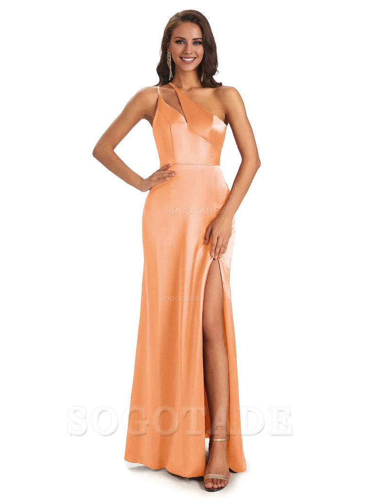 Sexy Soft Satin Side Slit One Shoulder Floor-Length Mermaid Long Bridesmaid Dresses Elegant Evening Party Dress