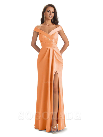 Sexy Soft Side Slit Off Shoulder V-Neck Long Satin Ladies Bridesmaid Dresses Elegant Evening Party Dress