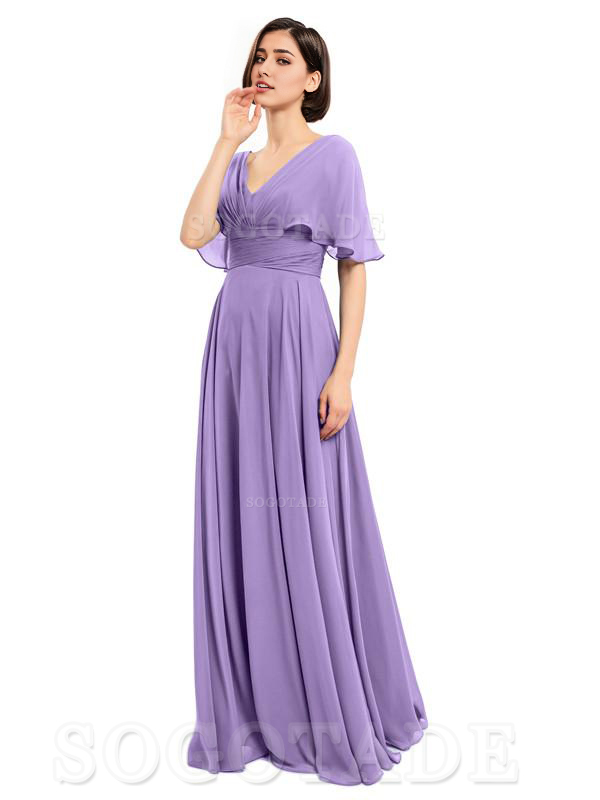  V-Neck Cap Sleeves Sleeves Chiffon Long Elegant Bridesmaid Dresses Formal Wear Dresses