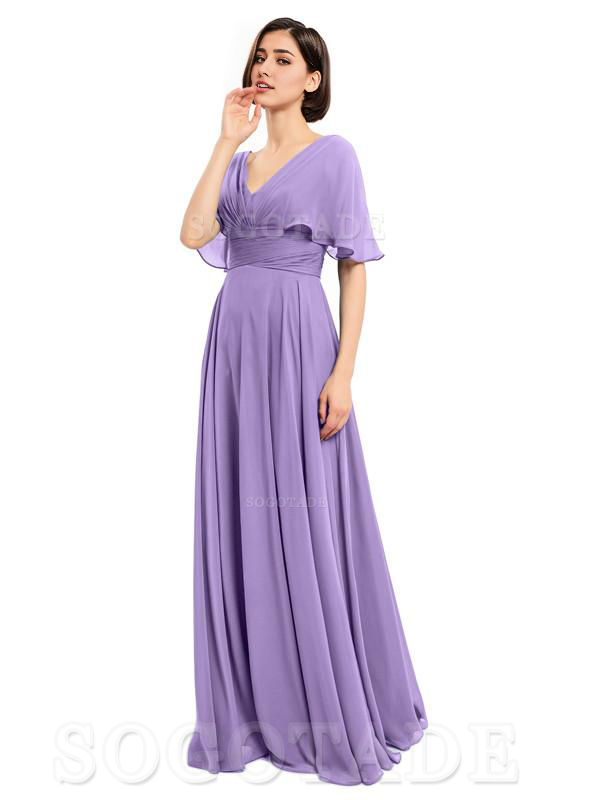  V-Neck Cap Sleeves Sleeves Chiffon Long Elegant Bridesmaid Dresses Formal Wear Dresses