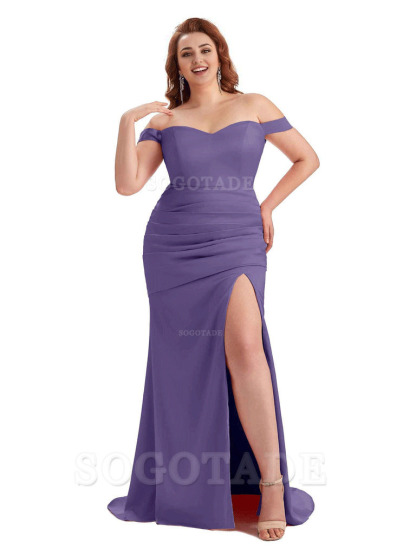 Sexy Mermaid Off The Shoulder Side Slit Soft Satin Long Plus Size Wedding Party Dresses