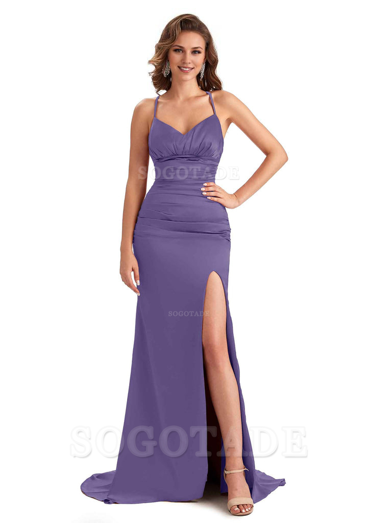 Sexy Mermaid Silky Satin Side Slit One Shoulder Unique Long Wedding Guest Dresses