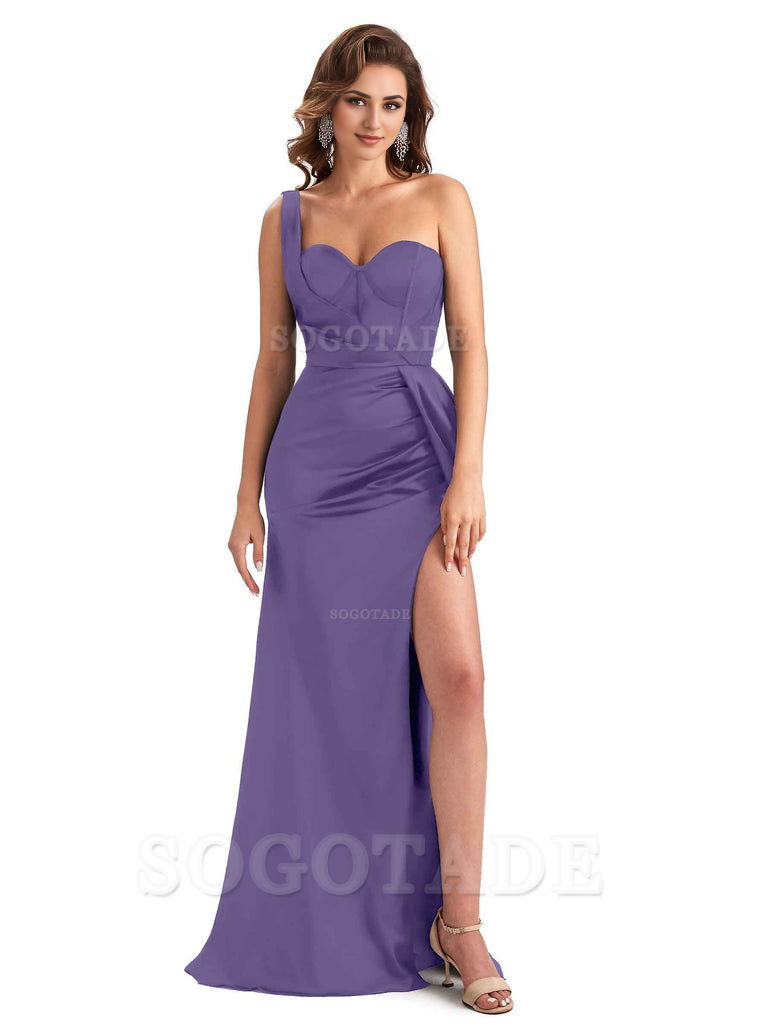 Sexy Mermaid Silky Satin Side Slit One Shoulder Unique Long Wedding Guest Dresses