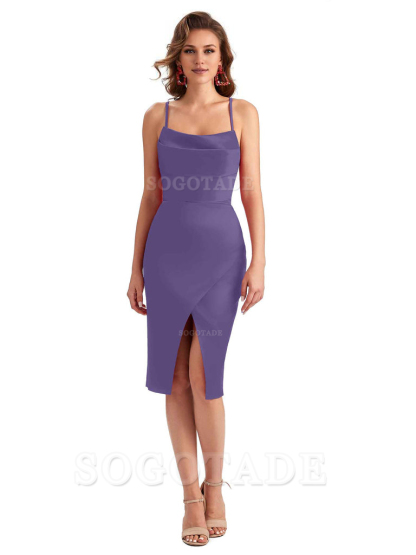 Elegant Spaghetti Straps Mermaid Soft Satin Knee Length Short Bridesmaid Dresses