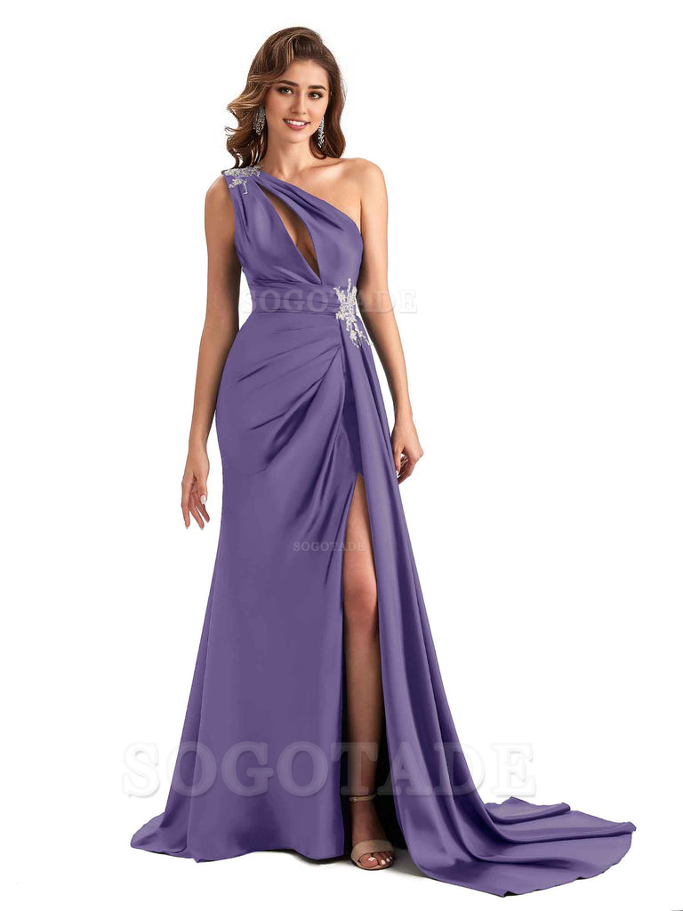 Sexy Side Slit Mermaid Soft Satin One Shoulder Lace Long Modern Bridesmaid Dresses