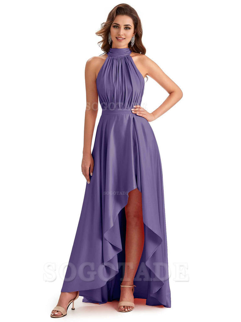Soft Satin High Neck High Low A-Line Unique Bridesmaid Dresses Online