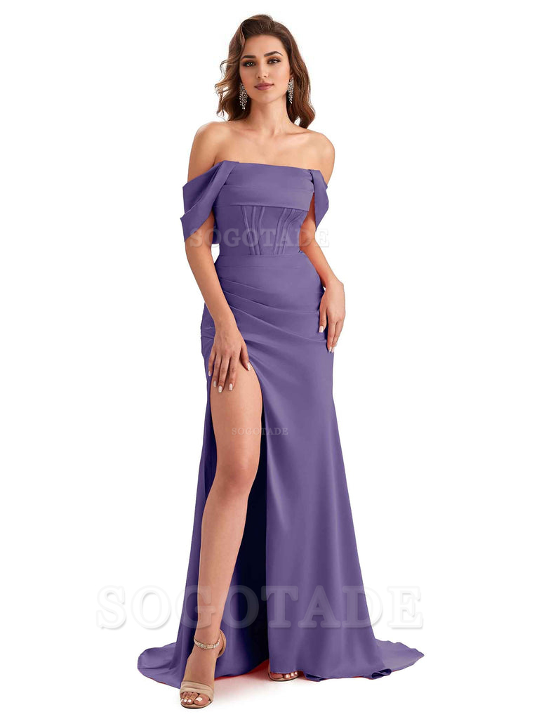 Sexy Side Slit Mermaid Soft Satin Off The Shoulder Unique Long Wedding Attendee Dresses