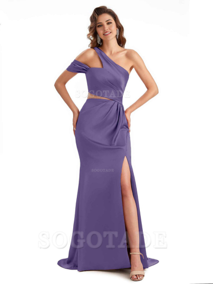 Sexy Side Slit Mermaid Soft Satin One Shoulder Long Unique Bridesmaid Dresses
