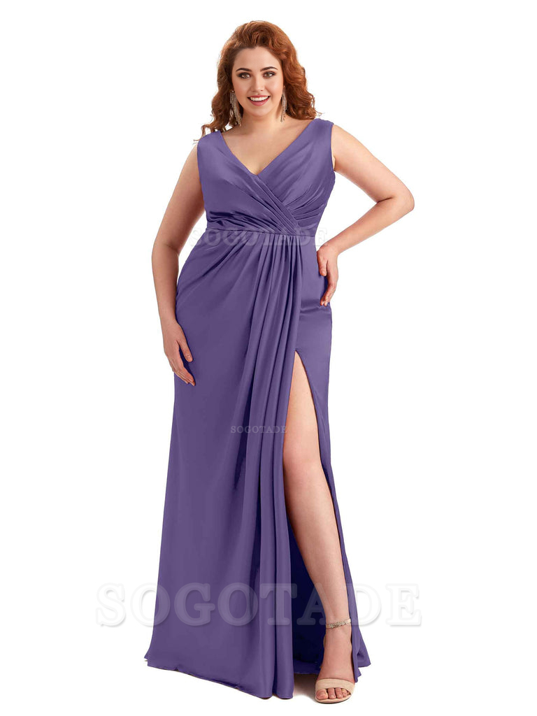 Mermaid V-Neck Satin formal dresses evening gown Bridesmaid Dresses With Side Slit 