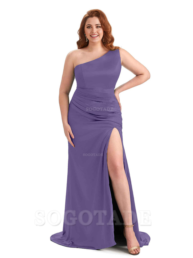 One Shoulder Sexy Side Slit Sleeveless Mermaid Soft Satin Long Plus Size Bridesmaid Dress For Wedding