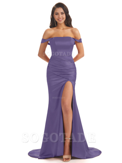 Mermaid Off Shoulder Floor-Length Satin formal dresses evening gown Bridesmaid Dresses With Side Slit 