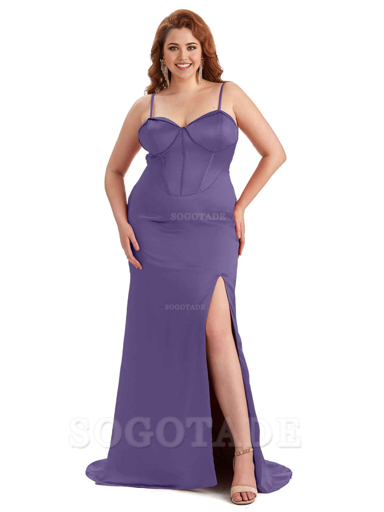 Sexy Spaghetti Straps Side Slit Sleeveless Mermaid Soft Satin Long Bridesmaid Dress Plus Size Dress To Wear to a Wedding