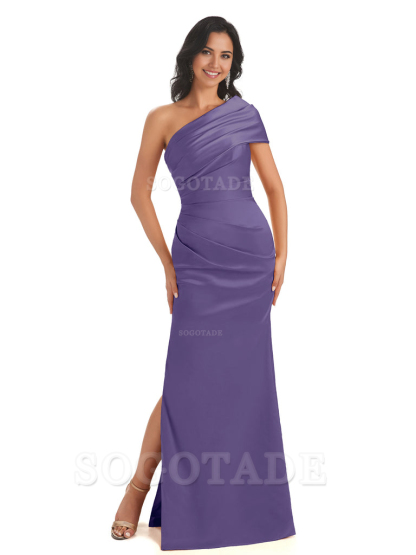 Mermaid One Shoulder Satin Long formal dresses evening gown Bridesmaid Dresses With Side Slit 