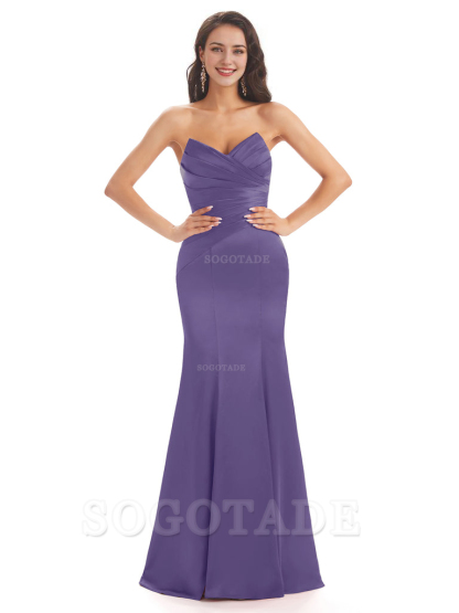 Simple Strapless Sweetheart Soft Satin Mermaid Long Bridesmaid Dresses prom shop dresses