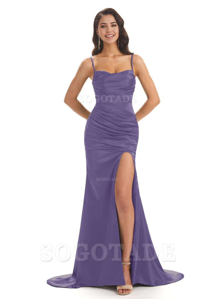 Mermaid Spaghetti Straps Satin Side Slit formal dresses evening gown Bridesmaid Dresses
