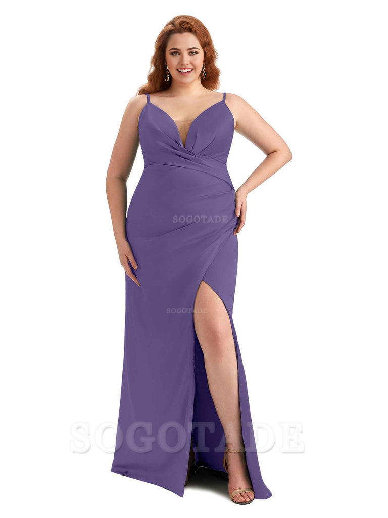 Sexy Side Slit Spaghetti Straps Sleeveless Mermaid V-neck Soft Satin Long Plus Size Bridesmaid Dress For Wedding