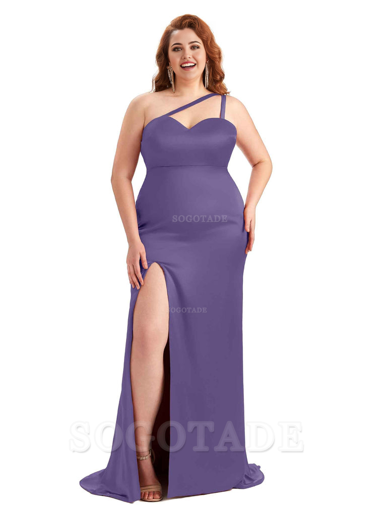 Sexy Side Slit Sleeveless Mermaid One Shoulder Soft Satin Long Plus Size Bridesmaid Dress For Wedding