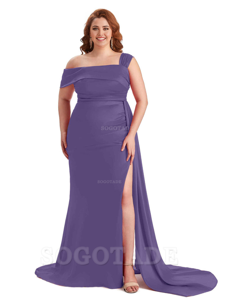 Sexy Side Hight Slit One Shoulder Mermaid Soft Satin Long Plus Size With Train Matron of Honor Dresses