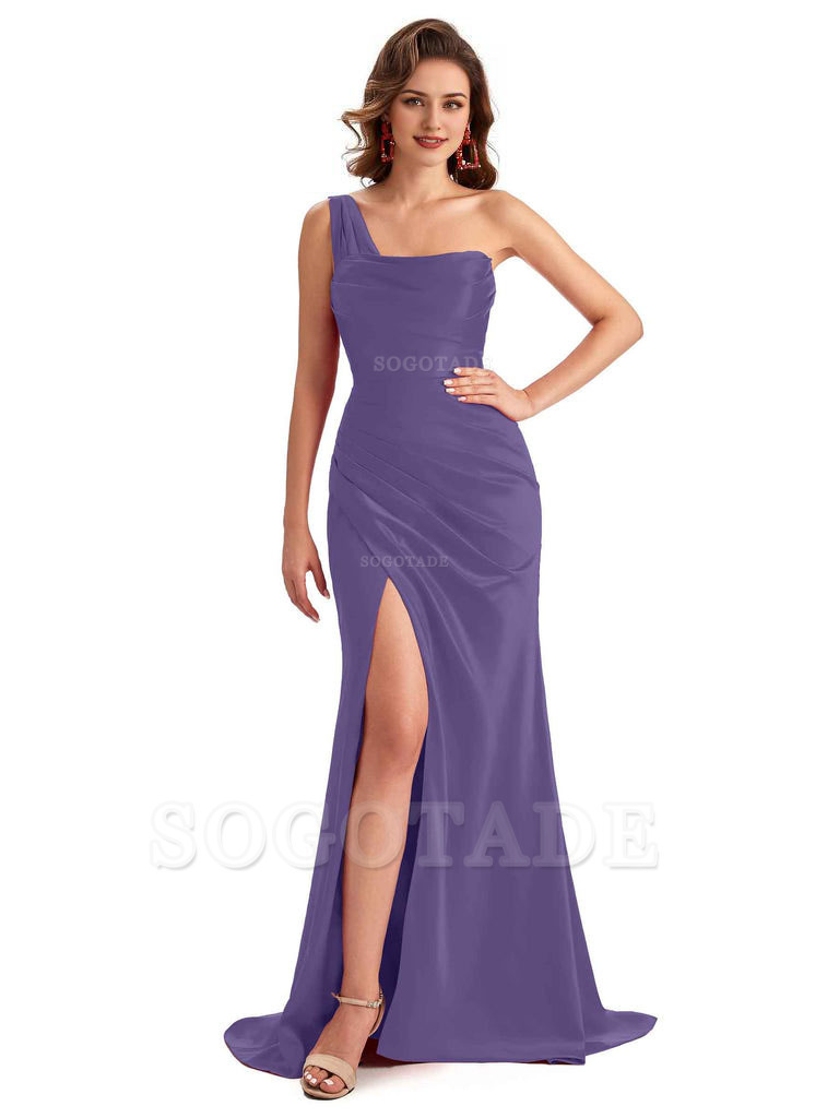 Sexy One Shoulder Side Slit Silky Satin Chic Long Mermaid Trumpet Bridesmaid Dress
