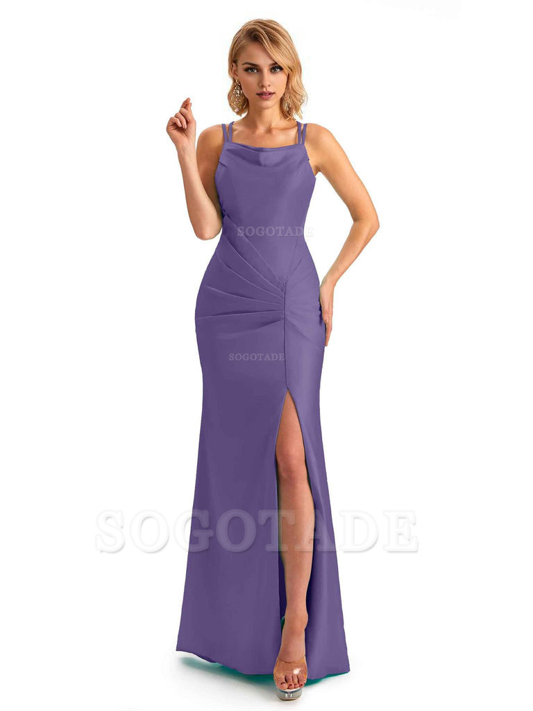 Soft Satin Spaghetti Straps Side Slit Long Unique Mermaid Beautiful Dresses For Wedding
