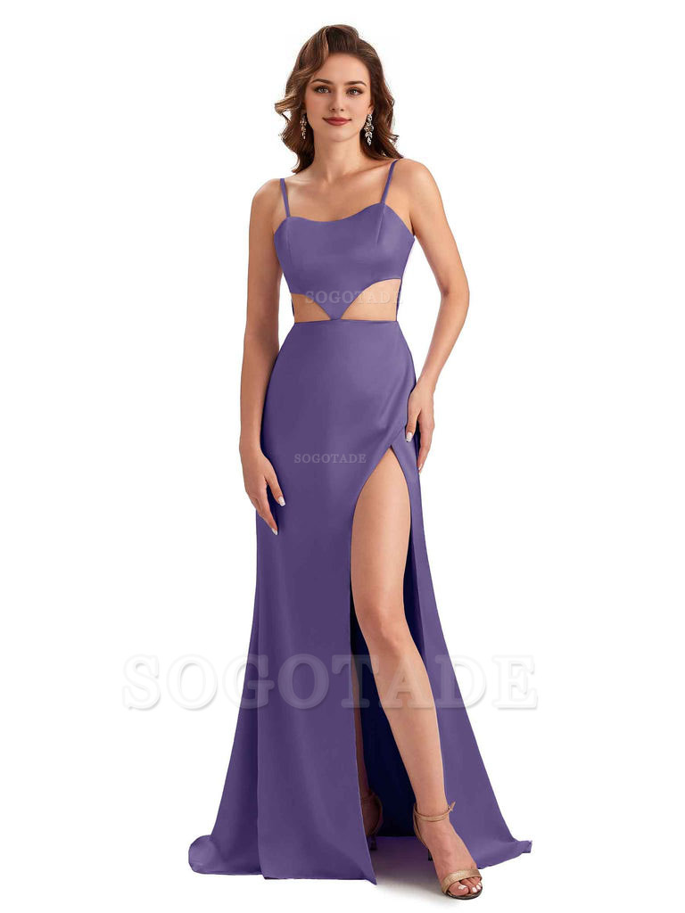 Sexy Satin Side Slit Spaghetti Straps Mermaid Long Unique Curve Wedding Guest Dresses