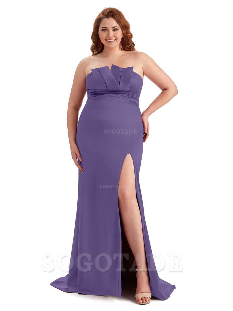 Sexy Side Slit Sleeveless Mermaid Soft Satin Long Plus Size Wedding Party Dresses For Wedding