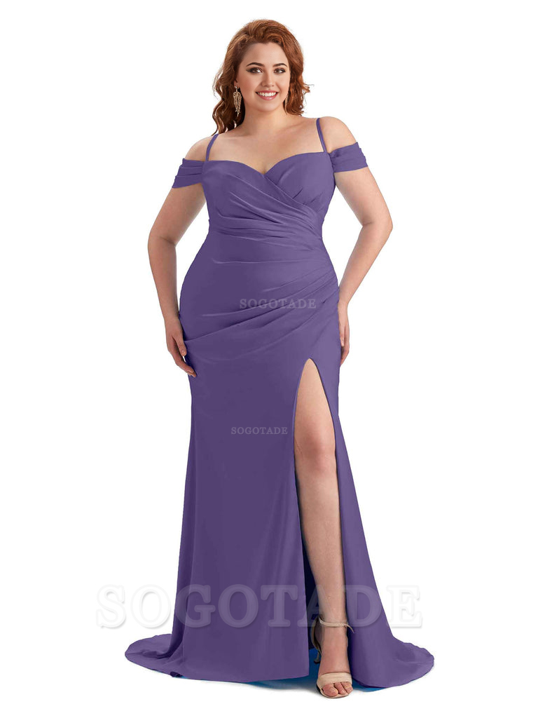 Sexy Side Slit Sleeveless Cold Shoulder Mermaid Soft Satin Long Plus Size Maid of Honor Dresses