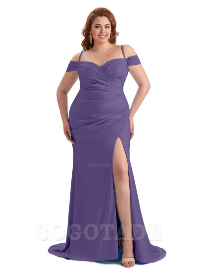 Sexy Side Slit Sleeveless Cold Shoulder Mermaid Soft Satin Long Plus Size Maid of Honor Dresses