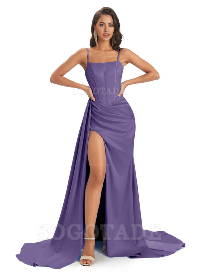 Spaghetti Straps Floor-Length Satin formal dresses evening gown Bridesmaid Dresses With Side Slit 