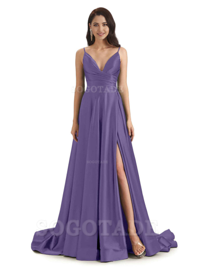 Spaghetti Straps Satin formal dresses evening gown Bridesmaid Dresses With Side Slit 