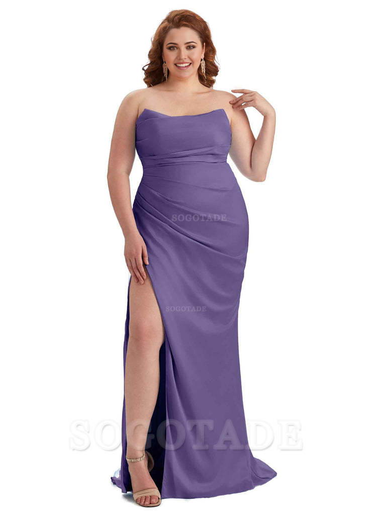 Sexy Side Slit Sleeveless Strapless Mermaid Soft Satin Long Plus Size Bridesmaid Dresses For Wedding